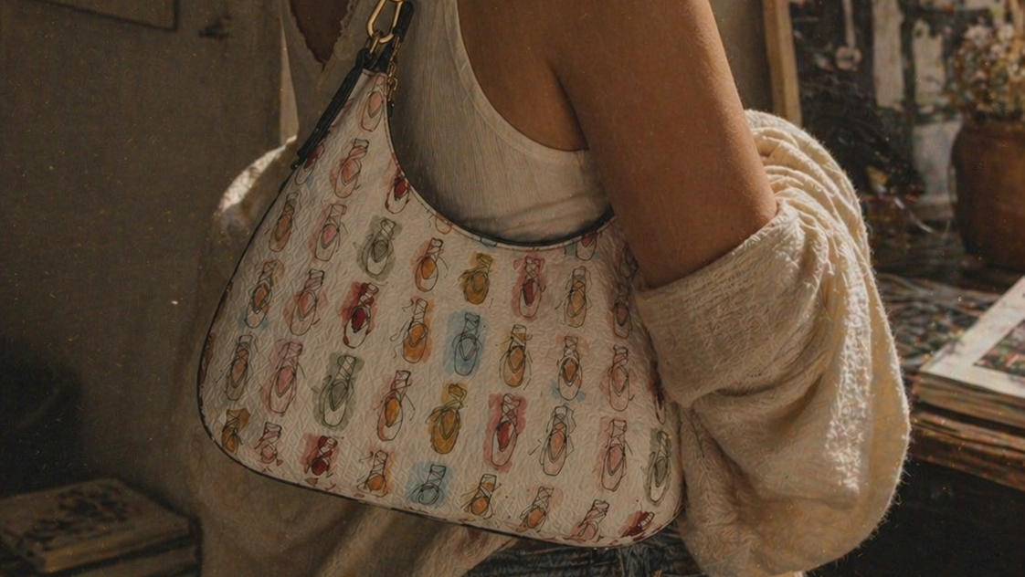 Watercolor Pointe‑Shoe Curved Hobo Purse by I’d Rather Be Dancing