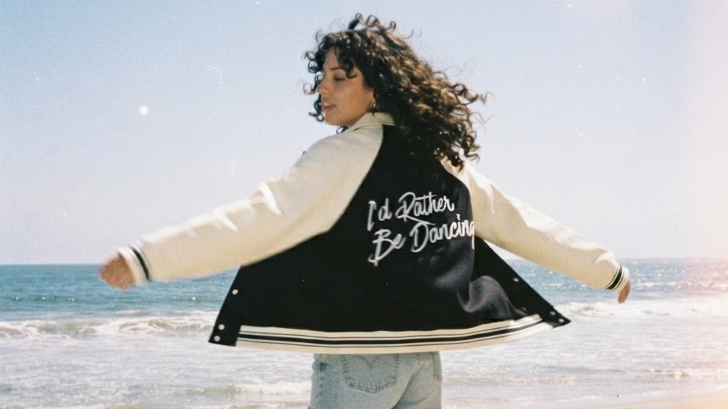 A woman stands on a sandy beach with her arms outstretched, wearing a black and white varsity jacket with the phrase 'I'd Rather Be Dancing' in white script on the back.